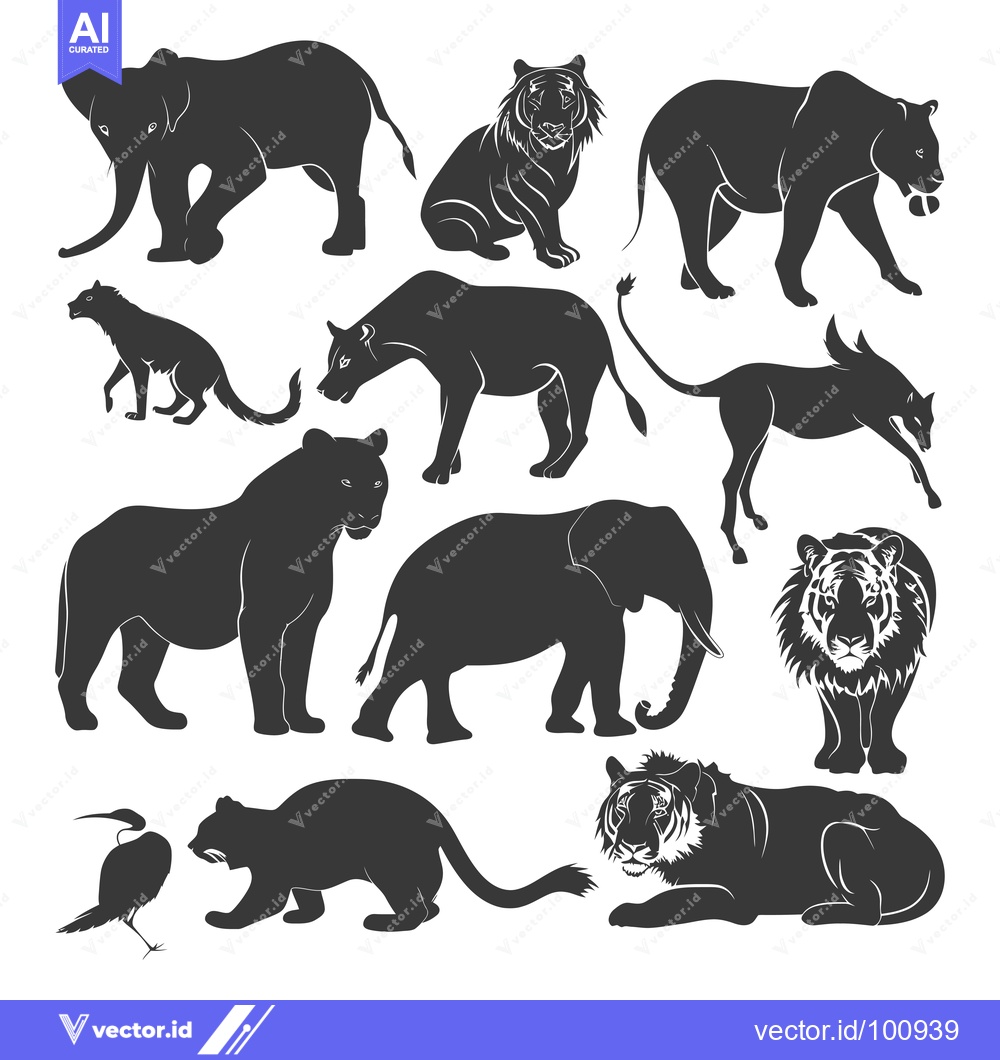 Premium Vector dari Silhouettes of Various Wild Animals in Black and White