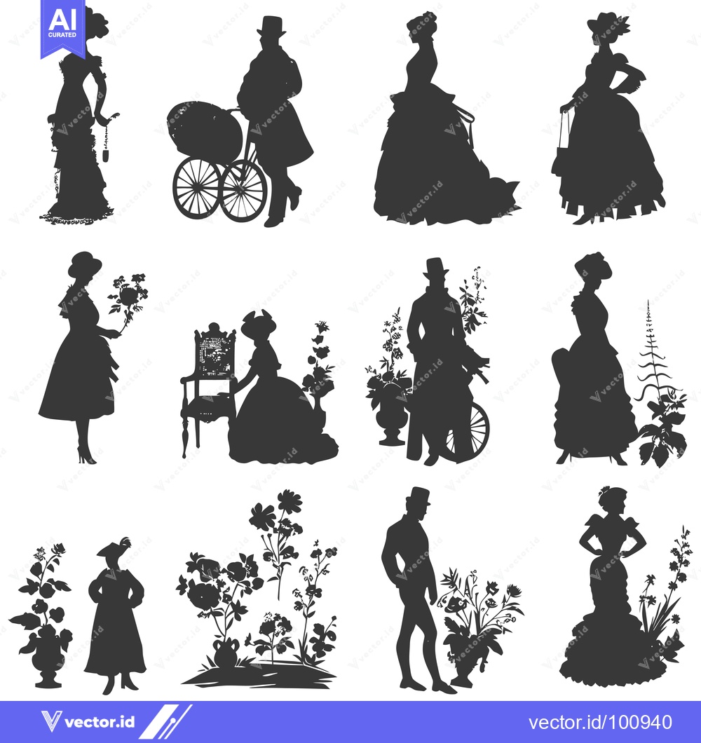 Premium Vector of Silhouettes of Victorian People and Flowers