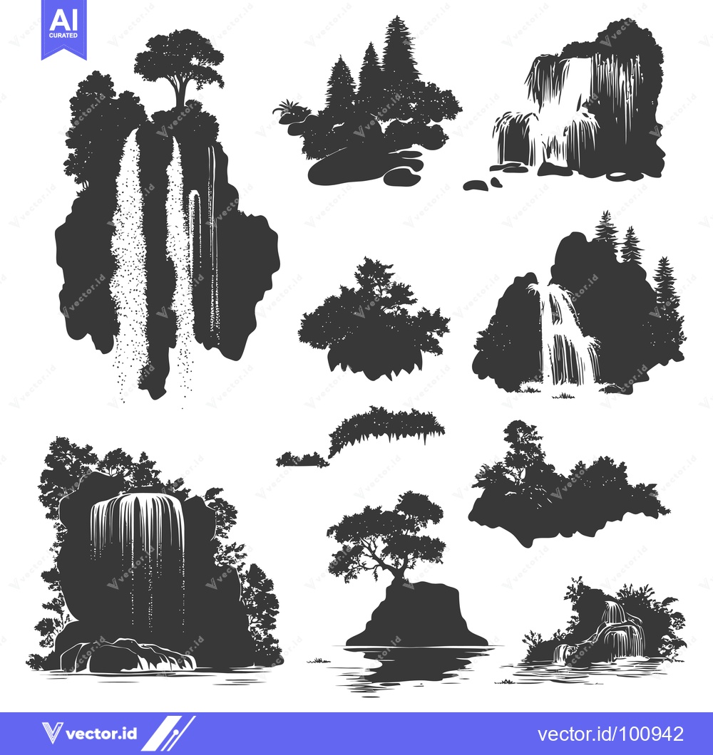 Premium Vector of Silhouettes of Waterfalls and Forested Landscapes