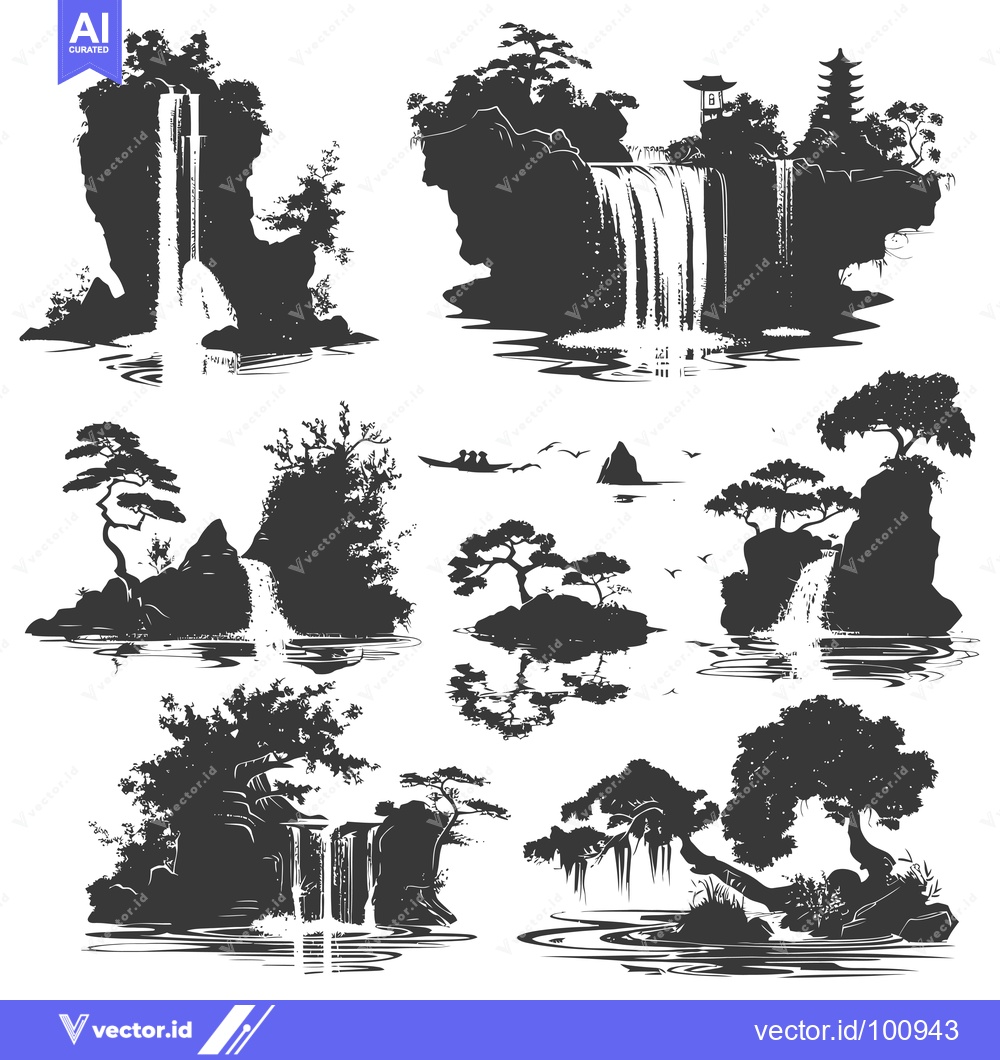 Premium Vector dari Silhouettes of Waterfalls Cascading Over Rocks and Through Lush Foliag