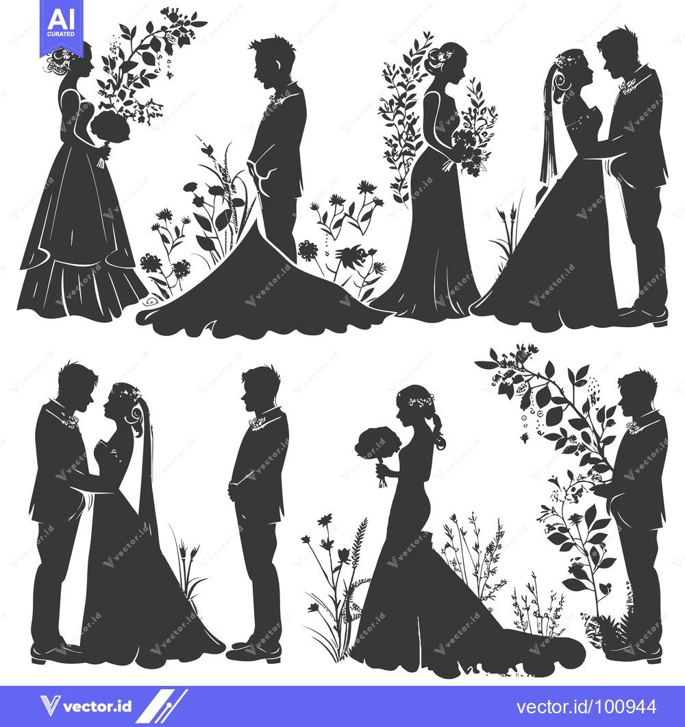 Premium Vector of Silhouettes of Wedding Couples with Floral Accents
