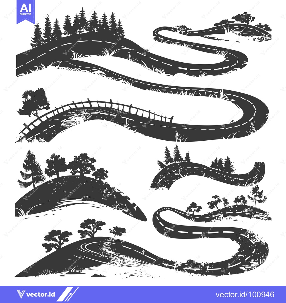 Premium Vector dari Silhouettes of Winding Roads and Trees in a Rural Landscape