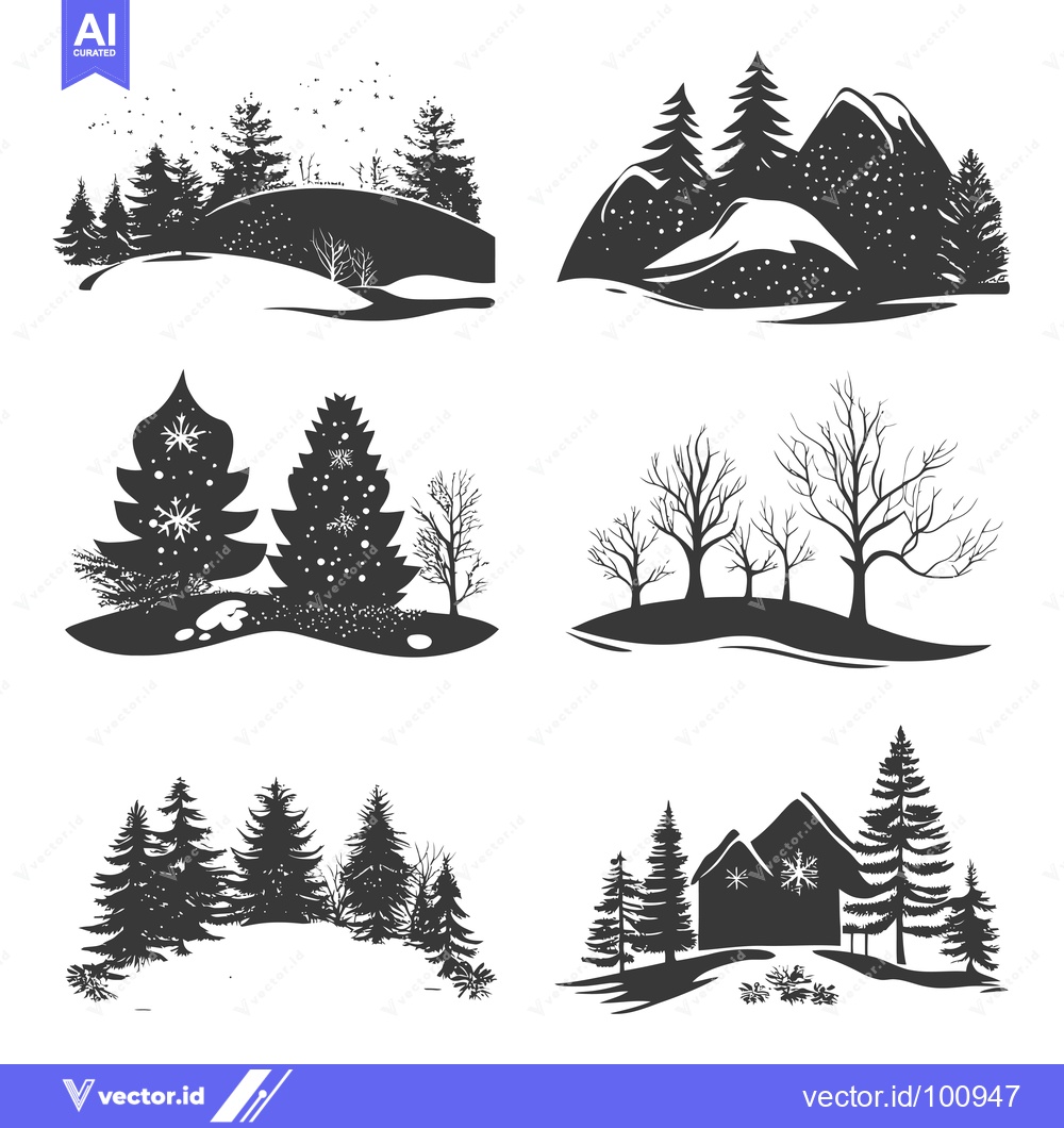 Premium Vector dari Silhouettes of Winter Landscapes with Trees, Mountains, and a Cabin
