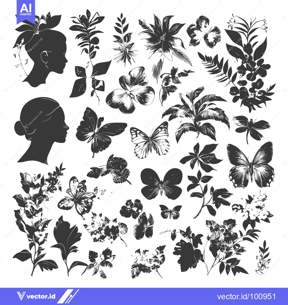 Premium Vector of Silhouettes of Women, Butterflies, Flowers, and Leaves