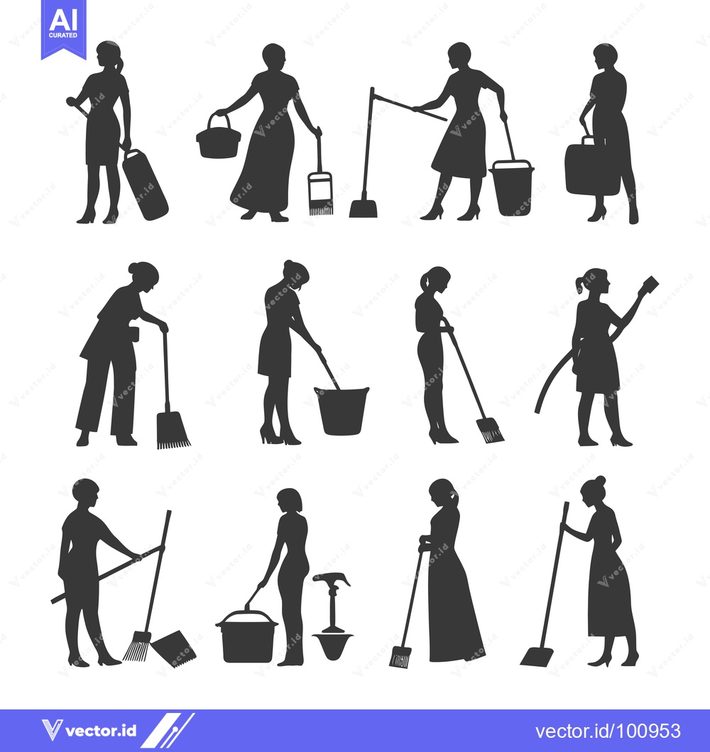 Premium Vector dari Silhouettes of Women Cleaning with Various Cleaning Tools