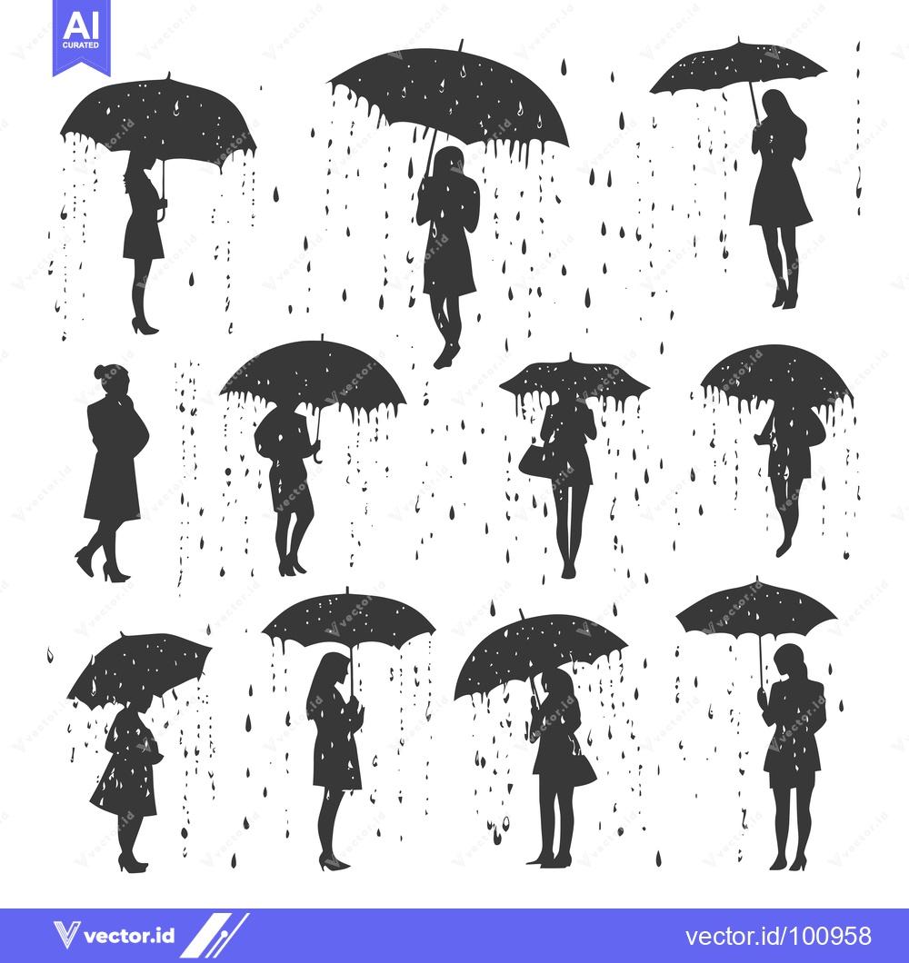Premium Vector of Silhouettes of Women Holding Umbrellas in the Rain