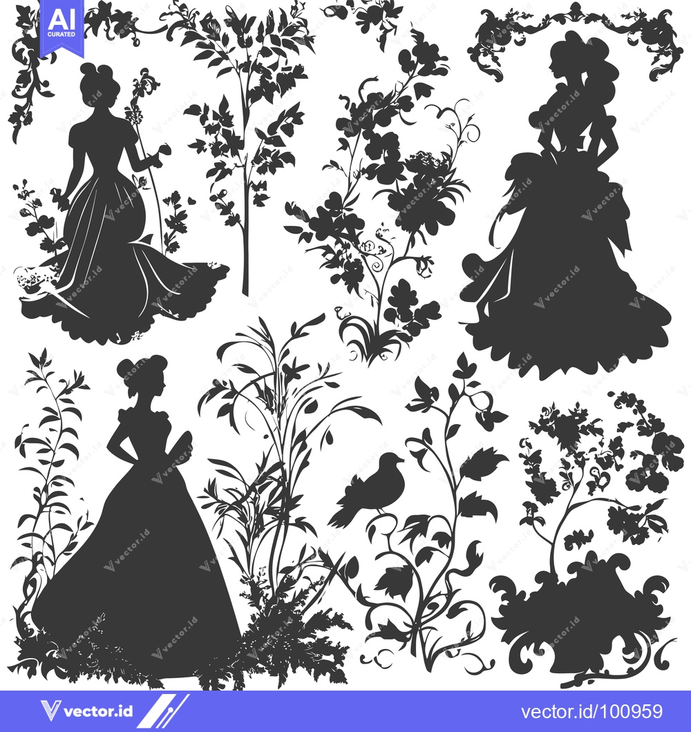 Premium Vector dari Silhouettes of Women in Dresses and Floral Designs