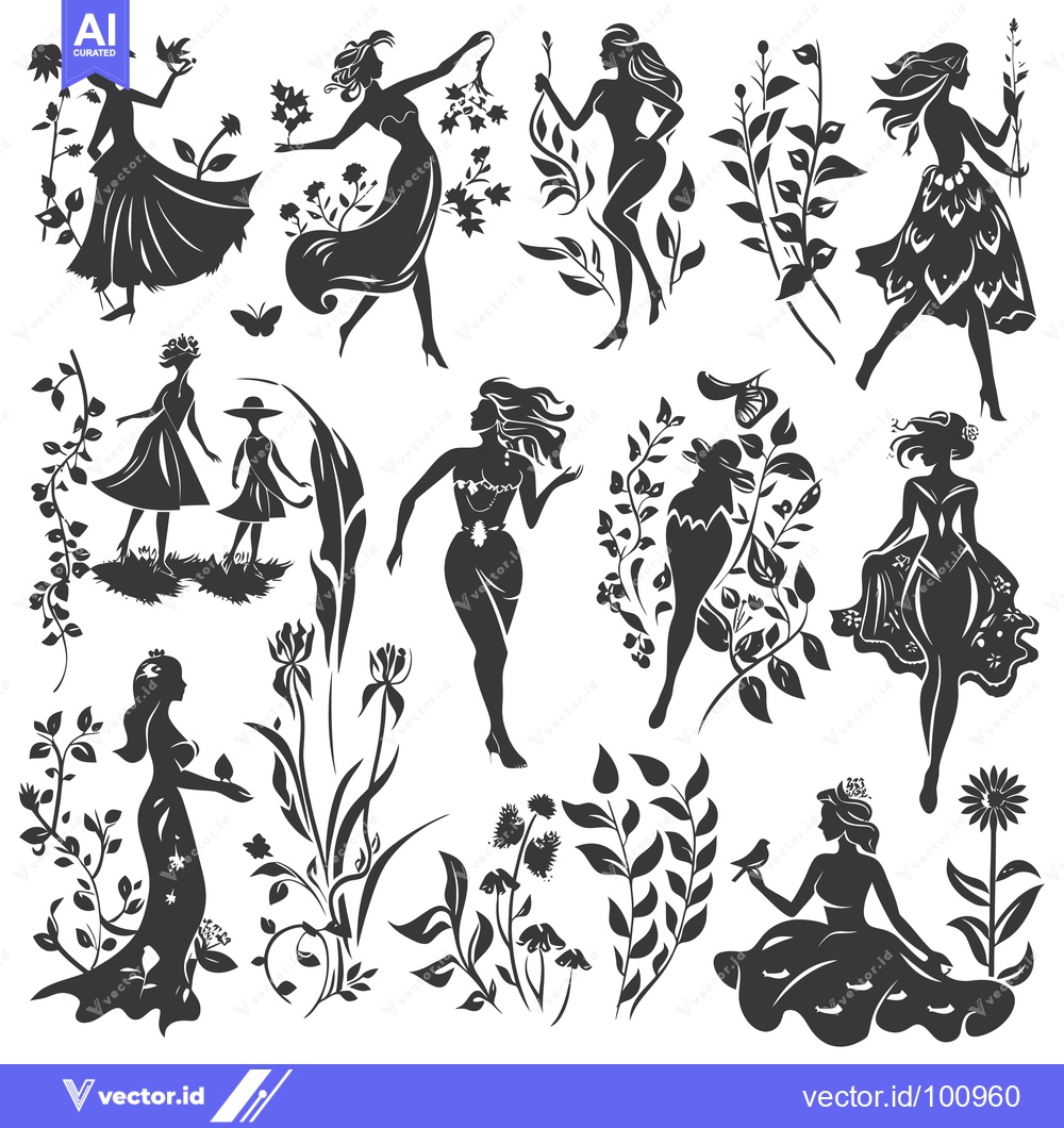 Premium Vector dari Silhouettes of Women in Dresses and Flowers