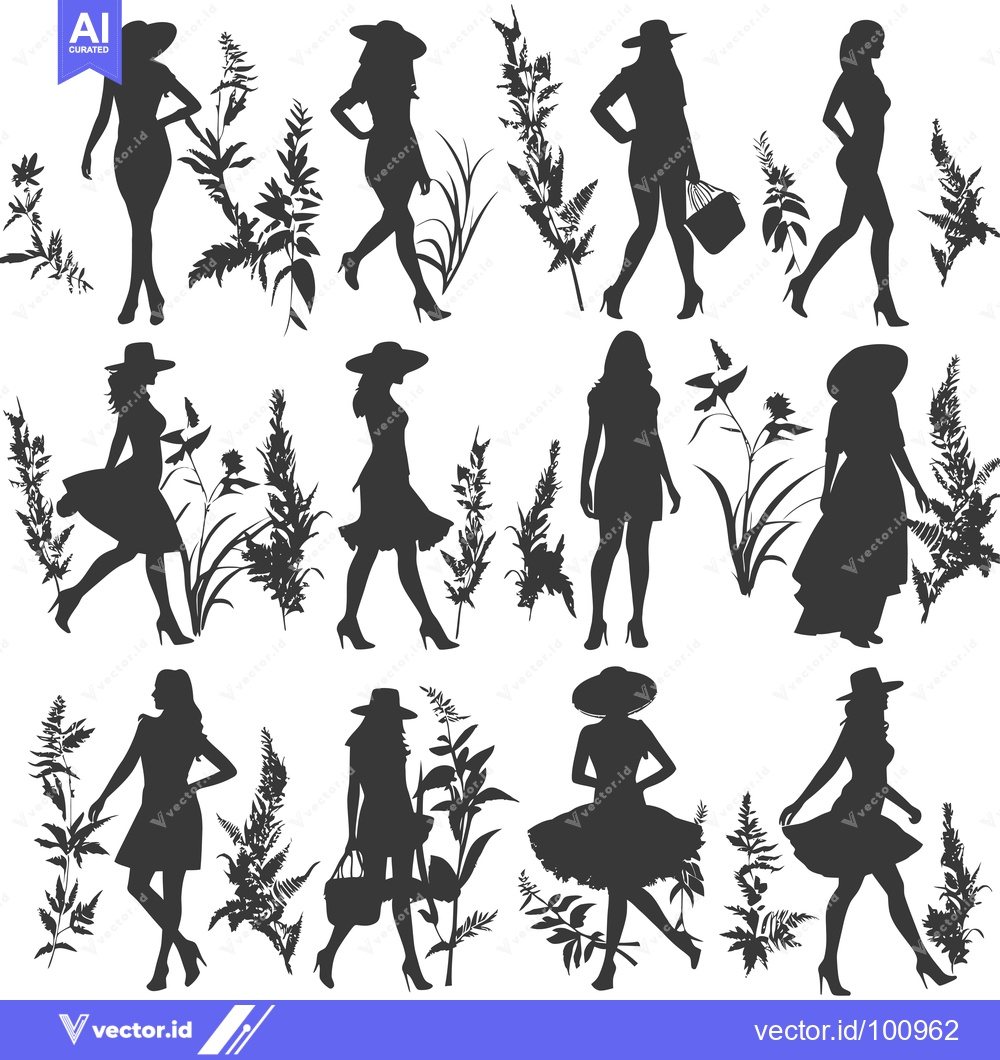 Premium Vector dari Silhouettes of Women in Hats with Floral Backdrops