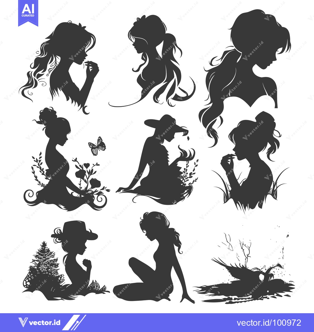 Premium Vector dari Silhouettes of Women in Various Poses with Nature Elements