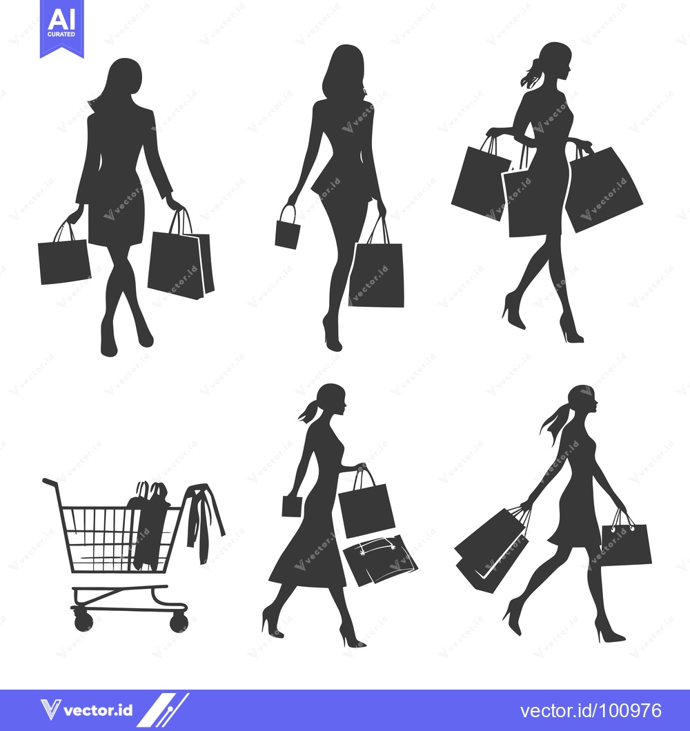 Premium Vector dari Silhouettes of Women Shopping with Bags and a Cart