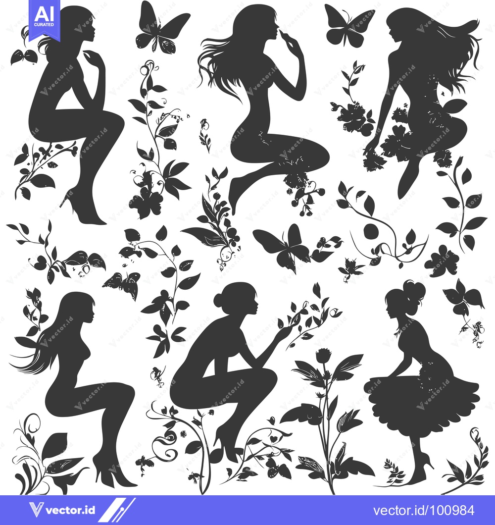 Premium Vector dari Silhouettes of Women with Flowers and Butterflies