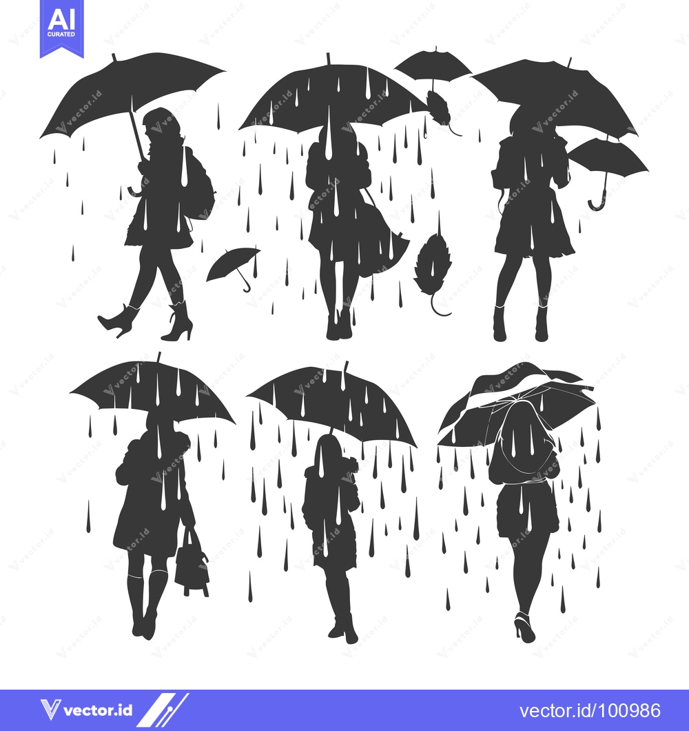 Premium Vector dari Silhouettes of Women with Umbrellas in the Rain