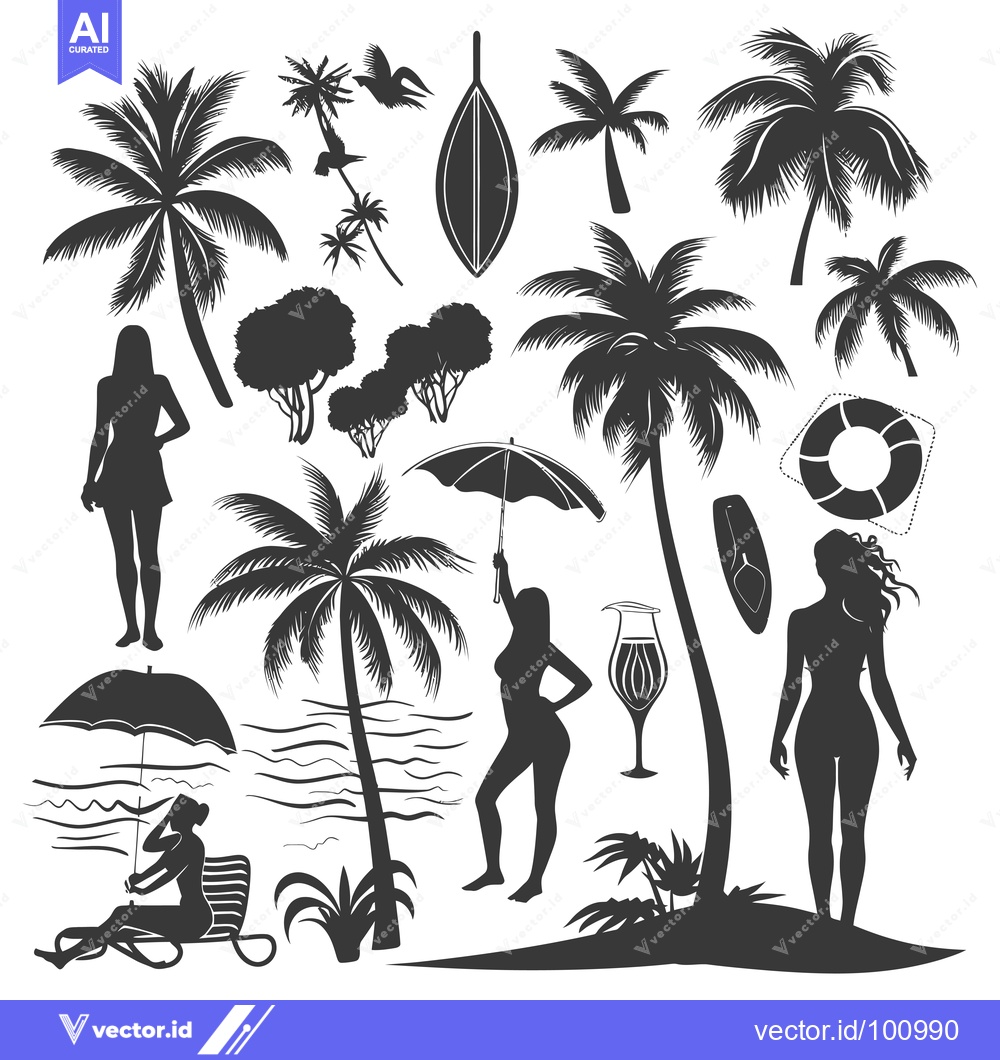 Premium Vector dari Silhouette Tropical Beach Scene with Palm Trees, Women, and Accessorie