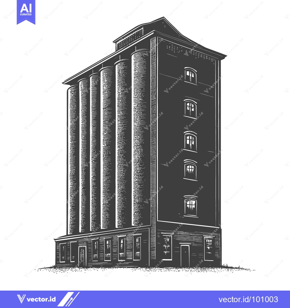Premium Vector dari Detailed illustration of a tall brick industrial storage building