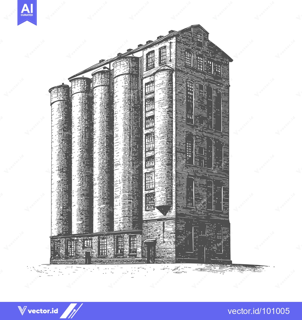 Premium Vector dari An architectural illustration of a tall industrial silo building