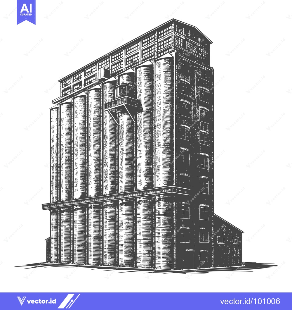 Premium Vector of A tall industrial building with cylindrical storage silos prominently
