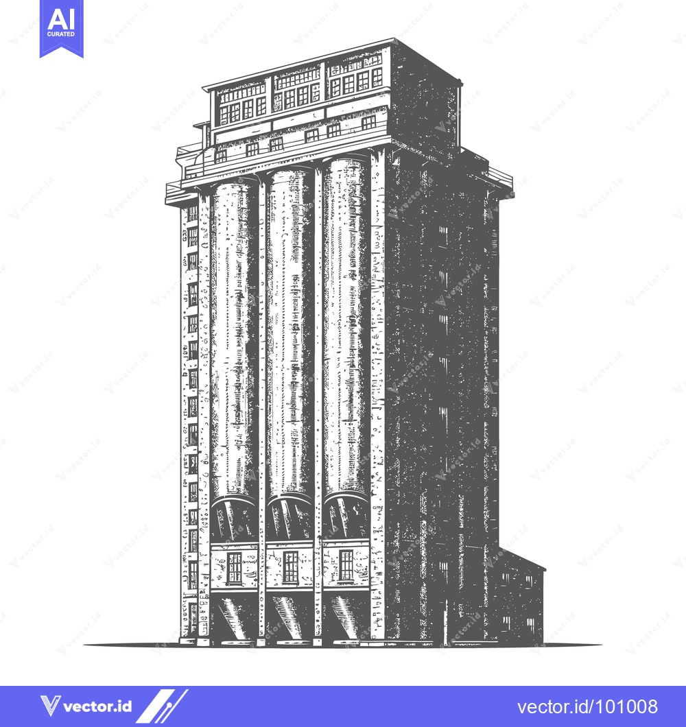 Premium Vector dari Detailed illustration presents a tall industrial silo building with ma
