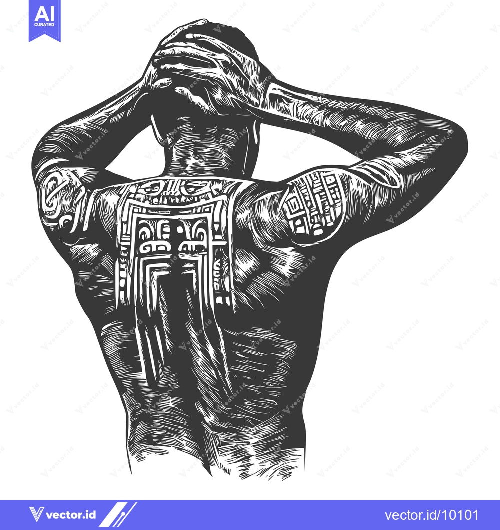 Premium Vector dari A back view of a man with elaborate tribal tattoos covering his entire