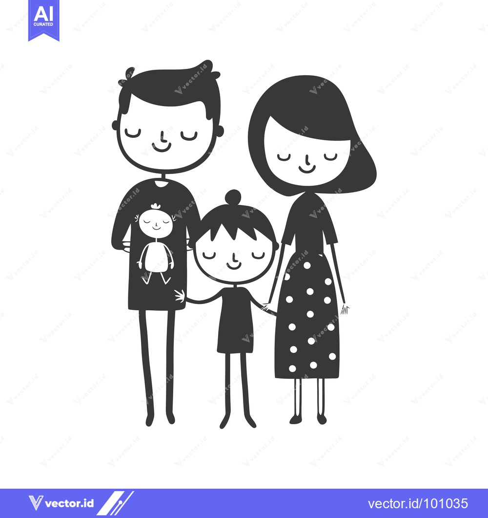 Premium Vector dari Simple black and white illustration of a happy family of four