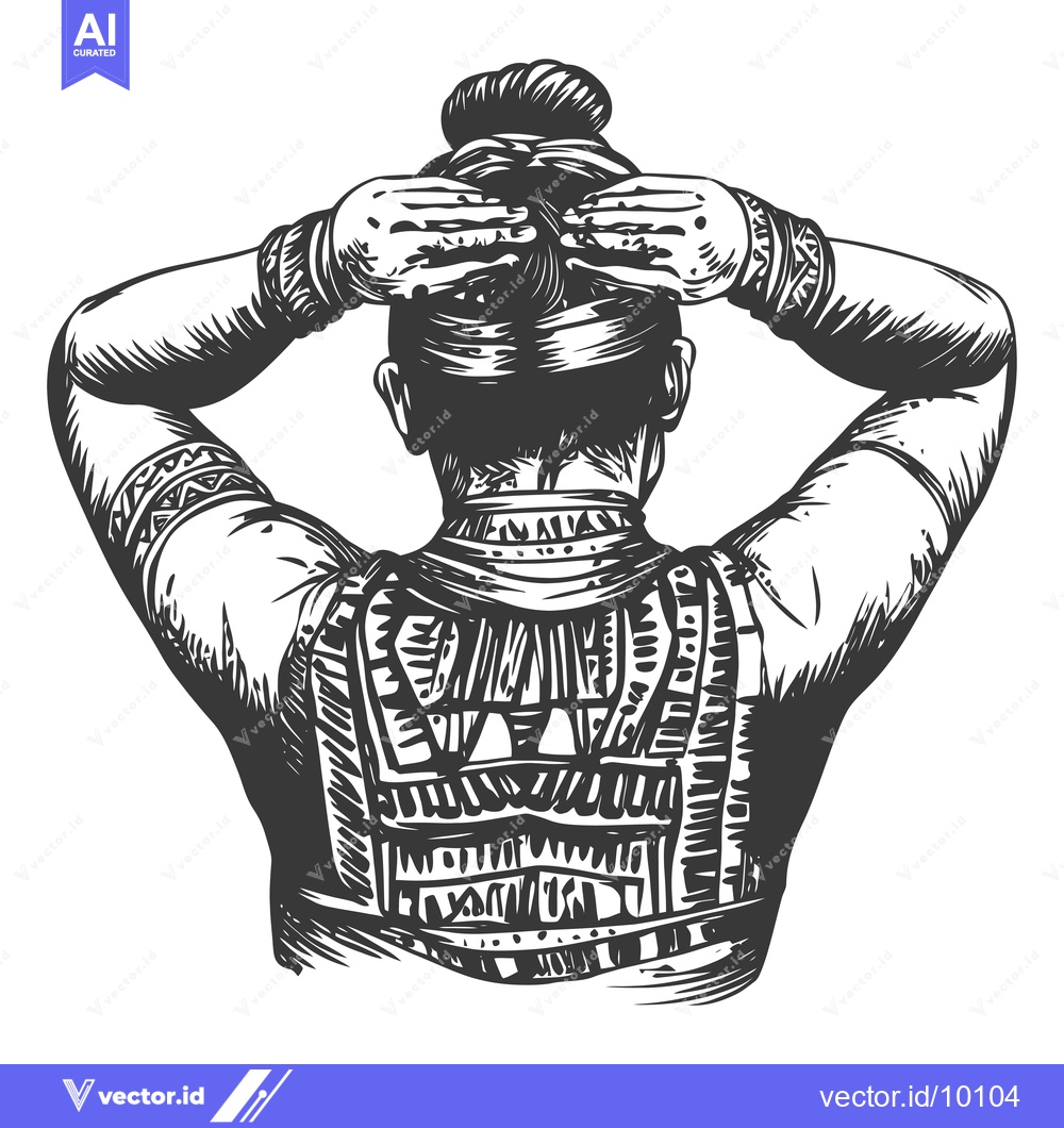 Premium Vector dari A Back View of a Woman With a Bun in Her Hair, Wearing Traditional Clo