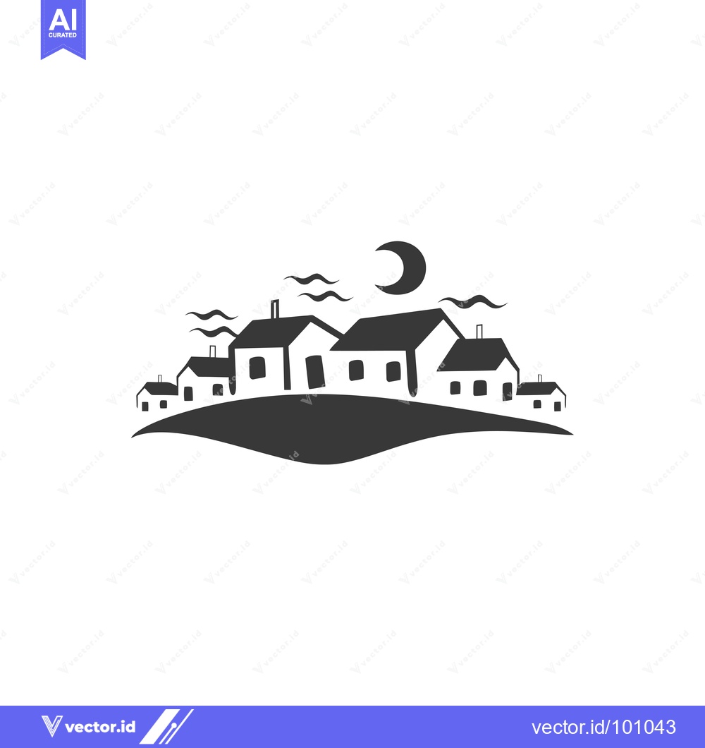 Premium Vector of Simple Black and White Illustration of a Village at Night