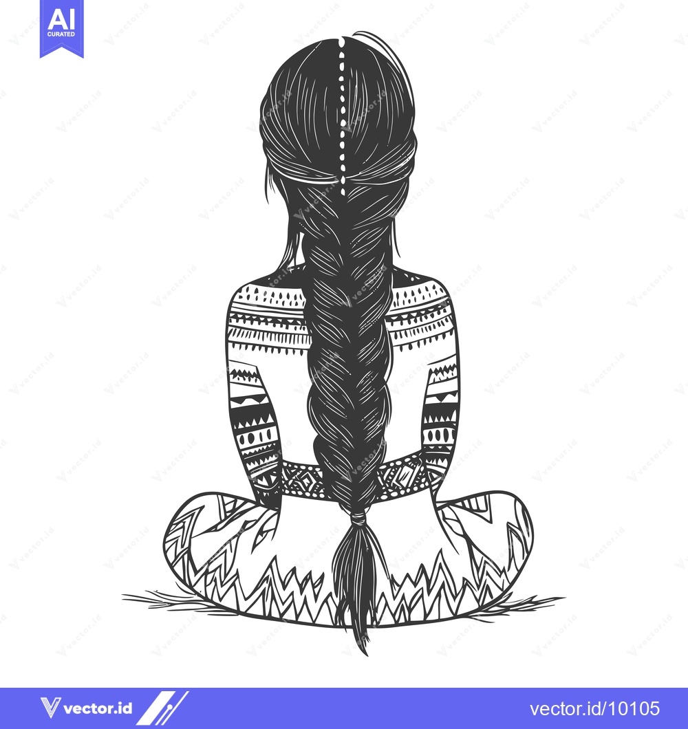 Premium Vector dari A Back View of a Woman with Long Braided Hair and Tribal Patterned Clo