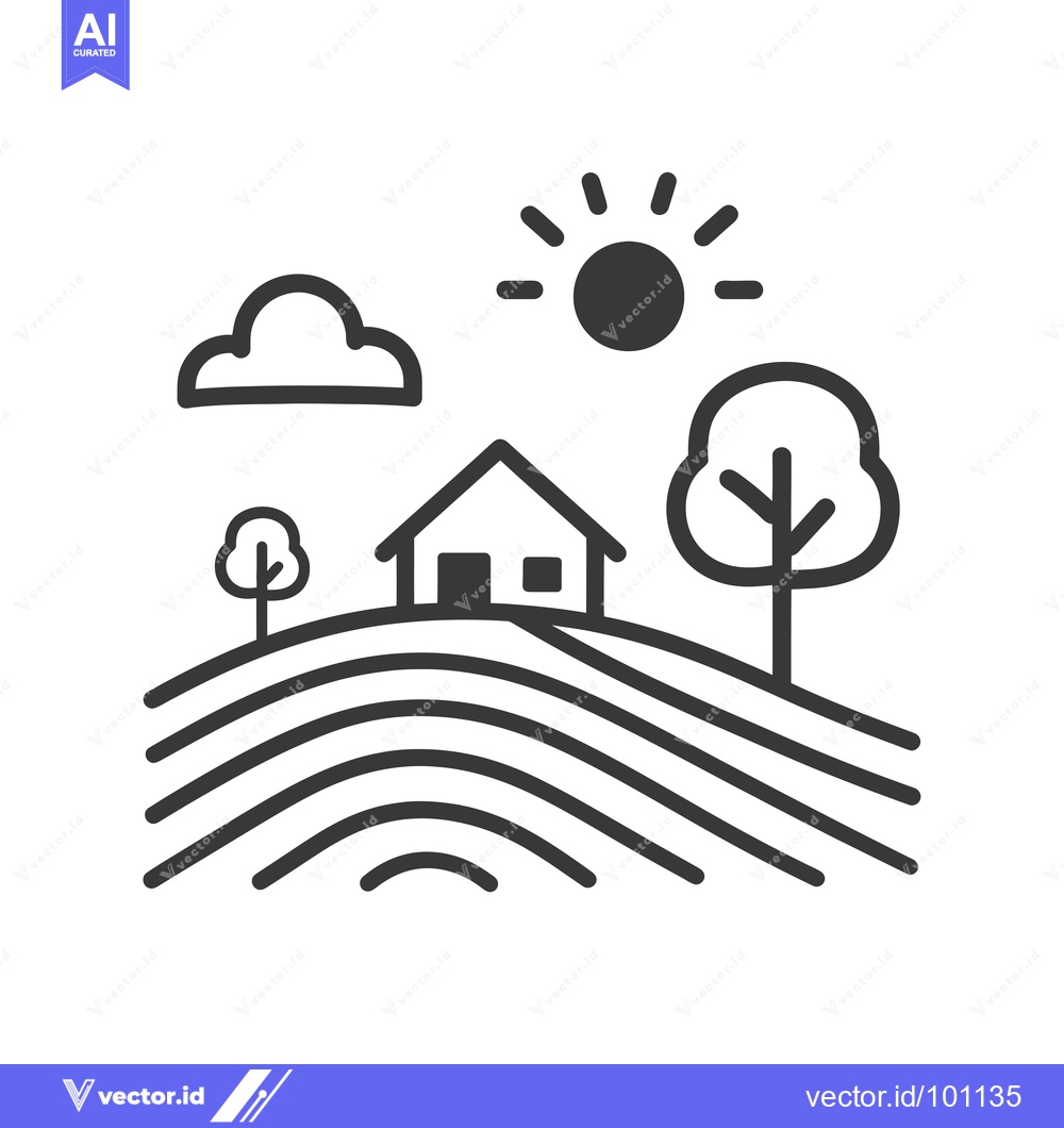 Premium Vector of Simple Line Art Illustration of a House on a Hill with Trees, Sun and