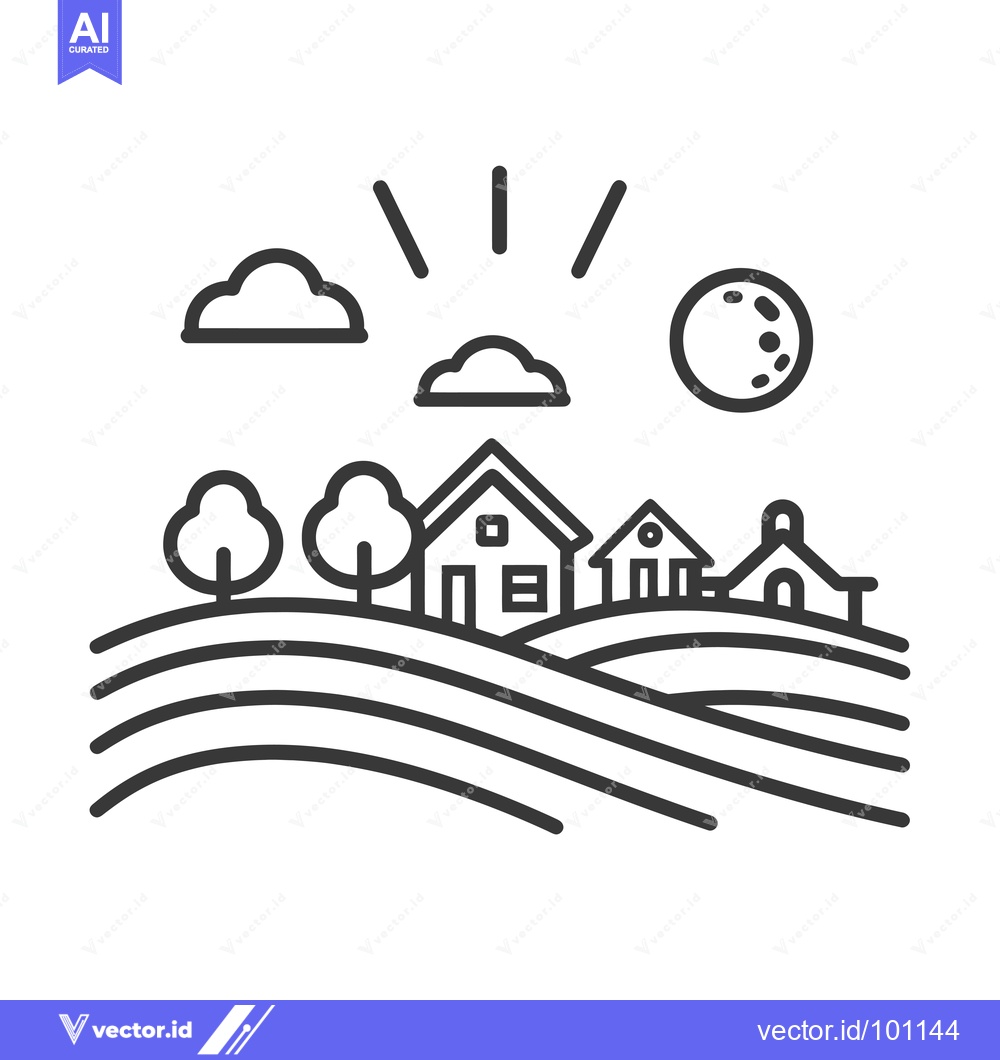 Premium Vector dari Simple Line Art Illustration of a Rural Landscape with Houses and Roll