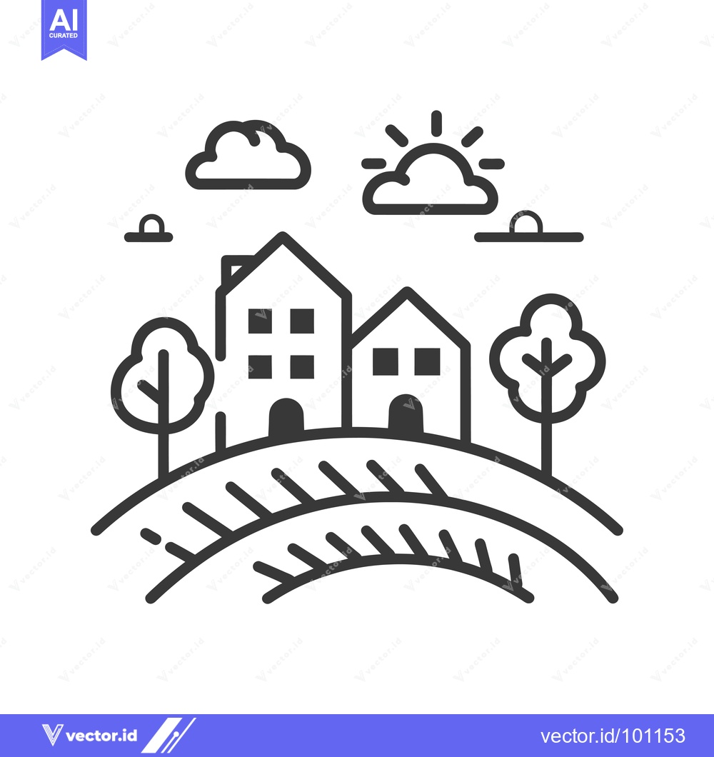 Premium Vector dari Simple Line Art Illustration of a Sunny Day with Houses and Trees on a