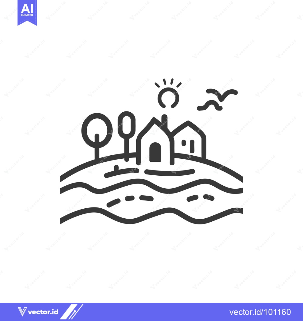 Premium Vector dari Simple Line Art Illustration of a Village by a River