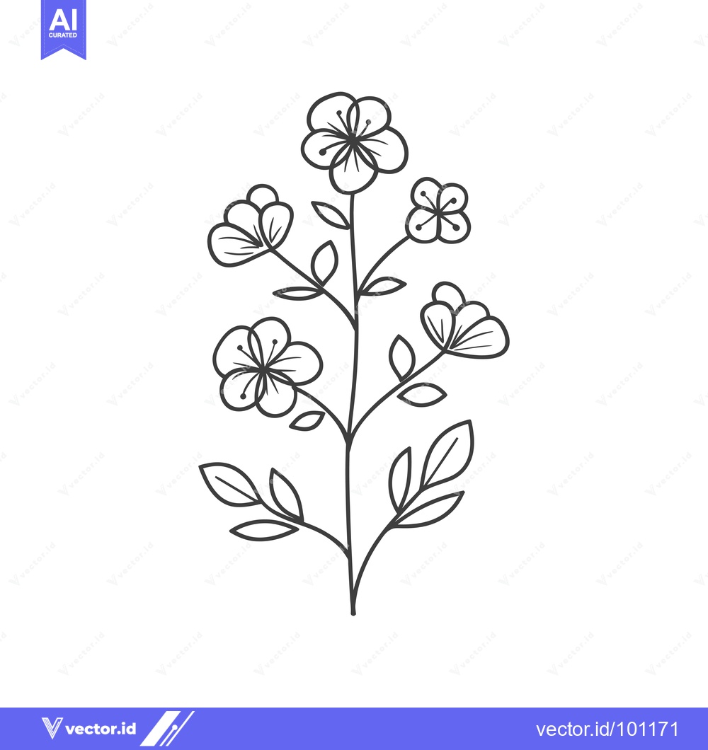 Premium Vector of Simple Line Drawing of a Branch with Five Flowers and Leaves