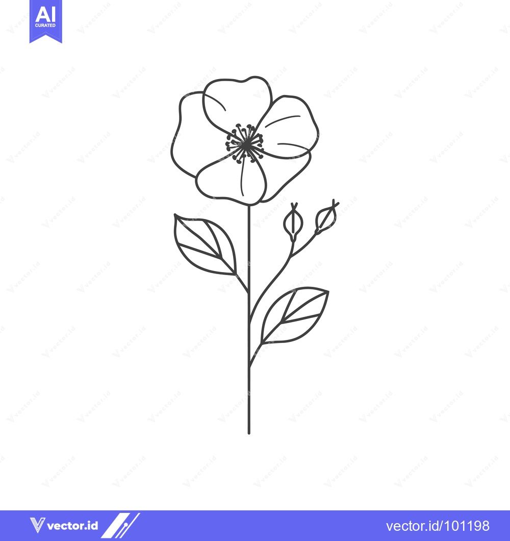 Premium Vector of Simple Line Drawing of a Flower with Buds and Leaves