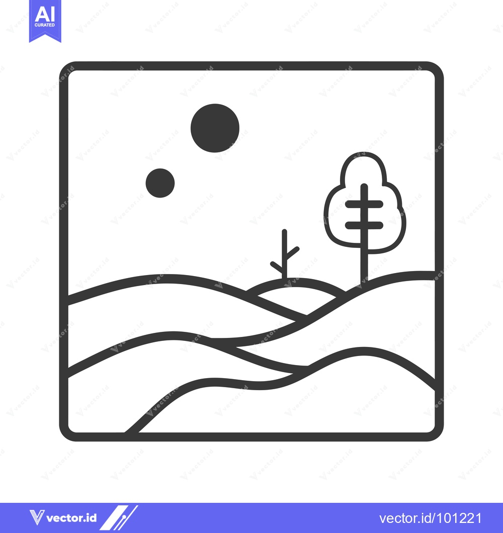 Premium Vector dari Simple Line Drawing of a Landscape with a Tree, Hills, and Two Circles