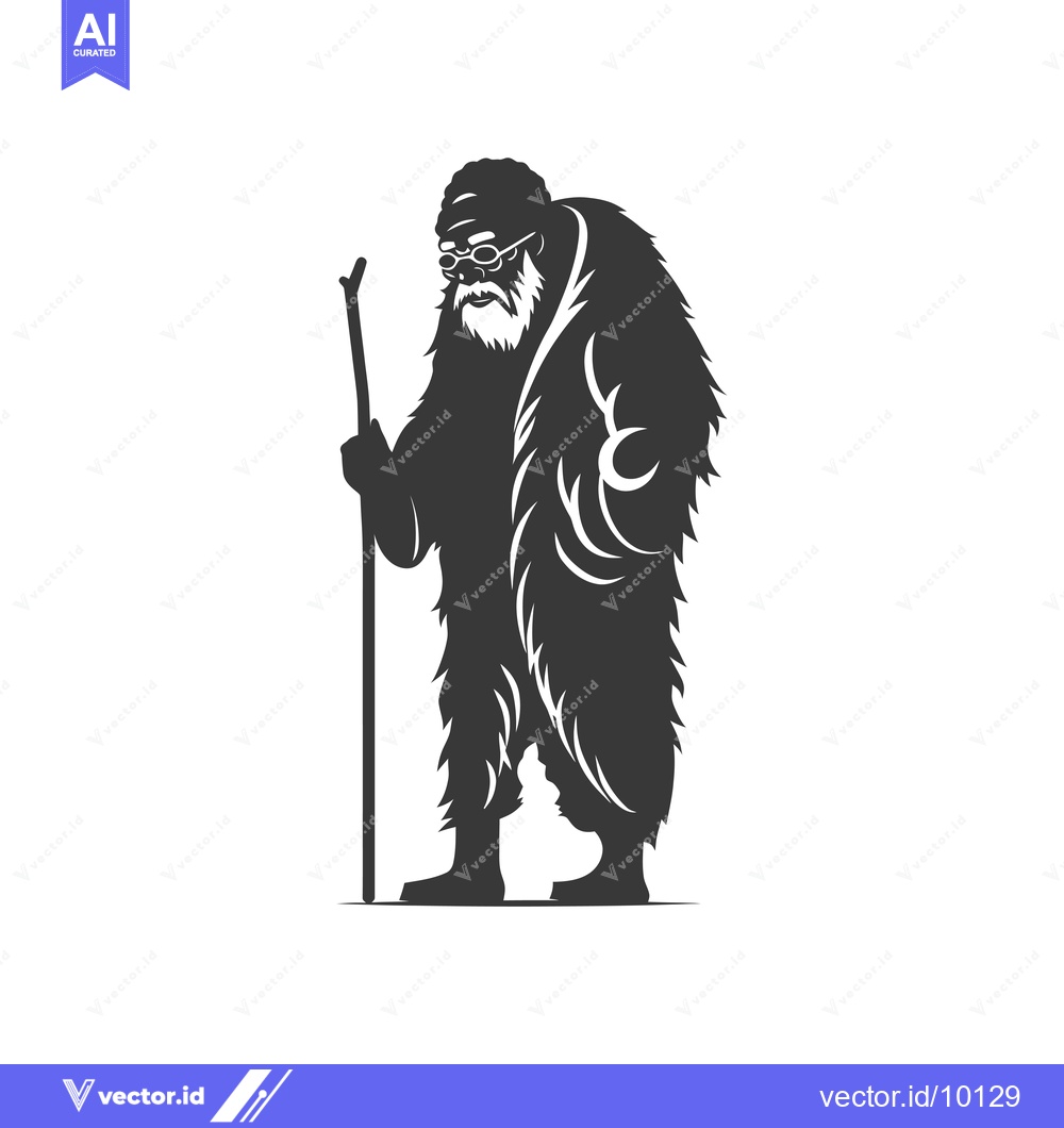 Premium Vector dari A bearded man in a fur coat with a walking stick