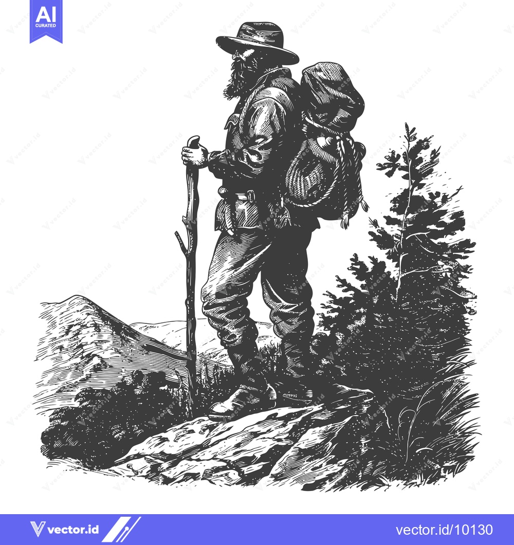 Premium Vector dari A Bearded Man in a Hat Standing on a Mountain Top with a Backpack and