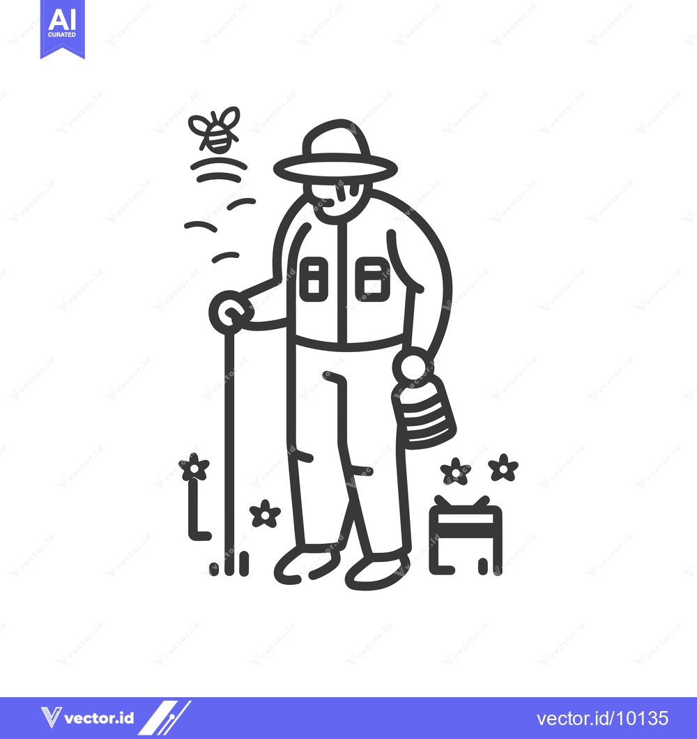 Premium Vector of A Beekeeper with a Beehive, Flowers, and a Walking Stick