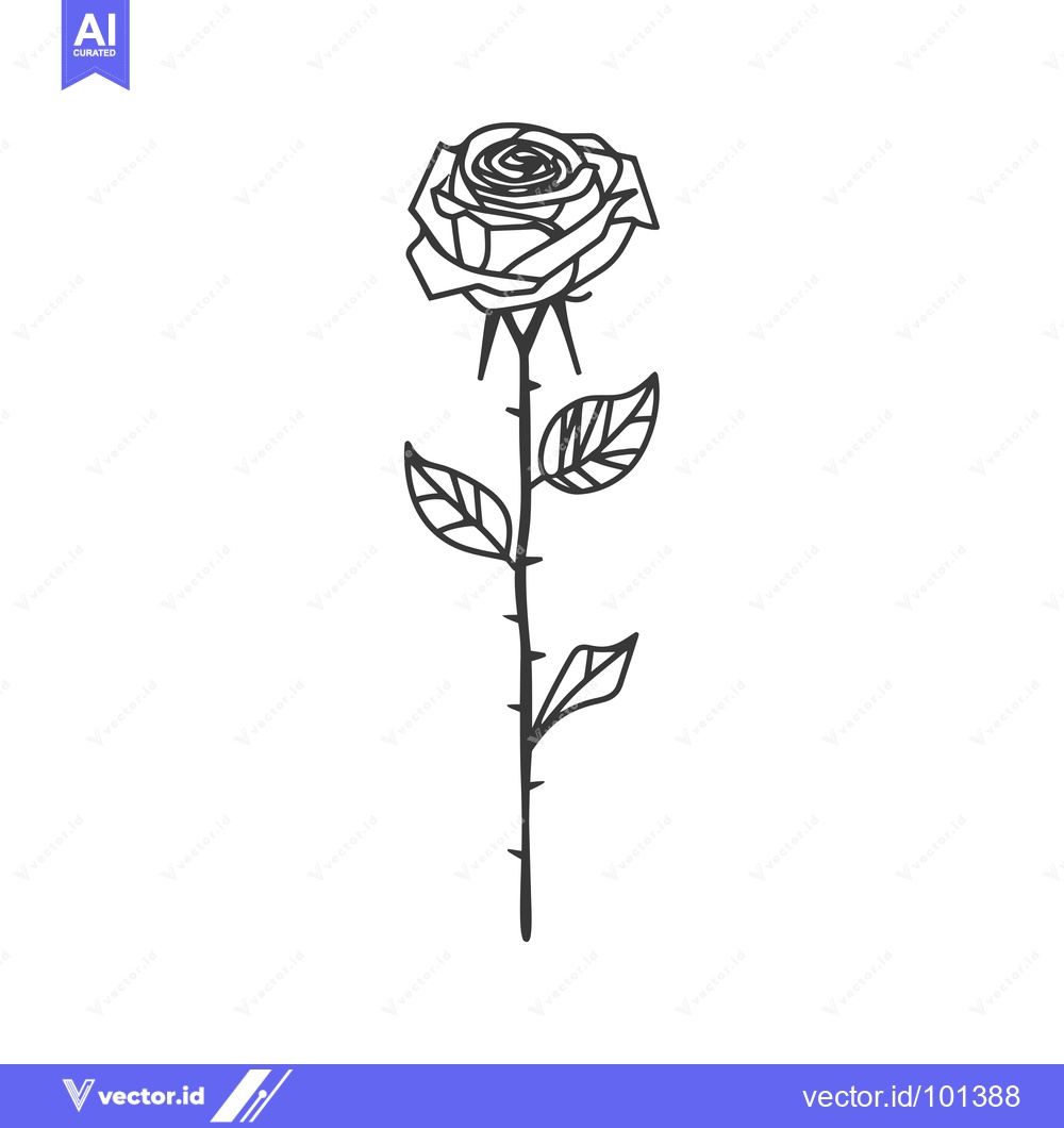 Premium Vector dari Single Black Line Drawing of a Rose with Stem and Leaves