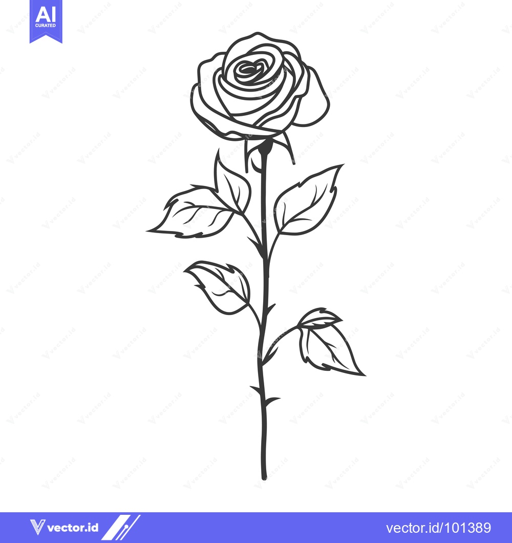 Premium Vector of Single Black Outline of a Rose with Leaves and Stem