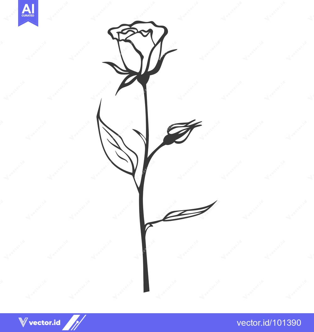 Premium Vector dari Single Black Outline Rose with Bud and Stem