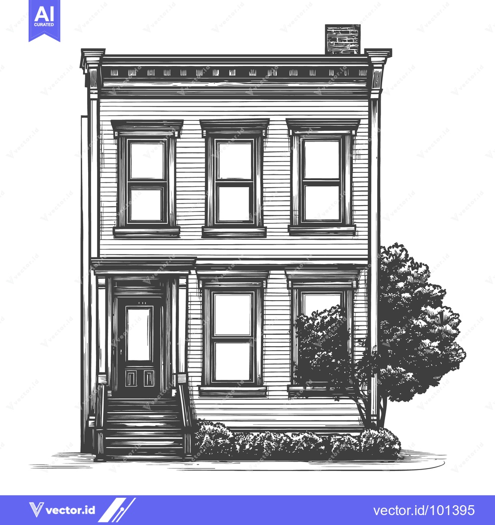 Premium Vector of A detailed monochrome illustration of a classic residential townhouse