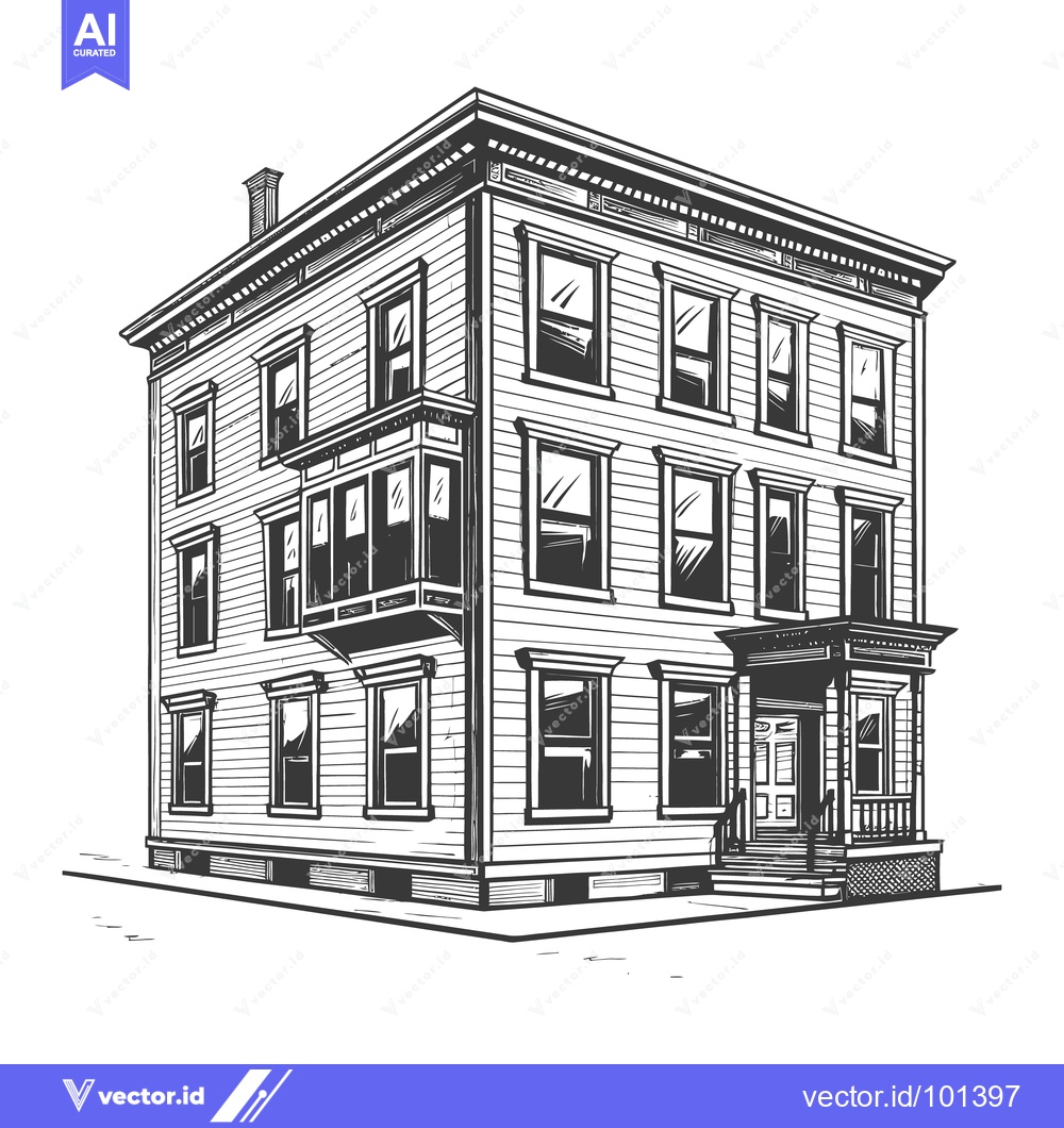 Premium Vector of Detailed black and white illustration of a multi story residential str