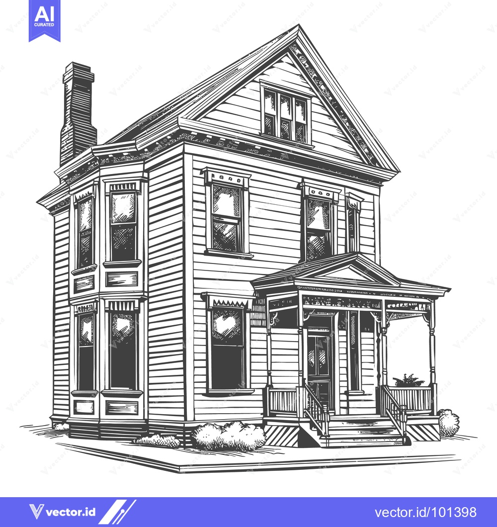 Premium Vector dari A detailed black and white illustration of a victorian style home