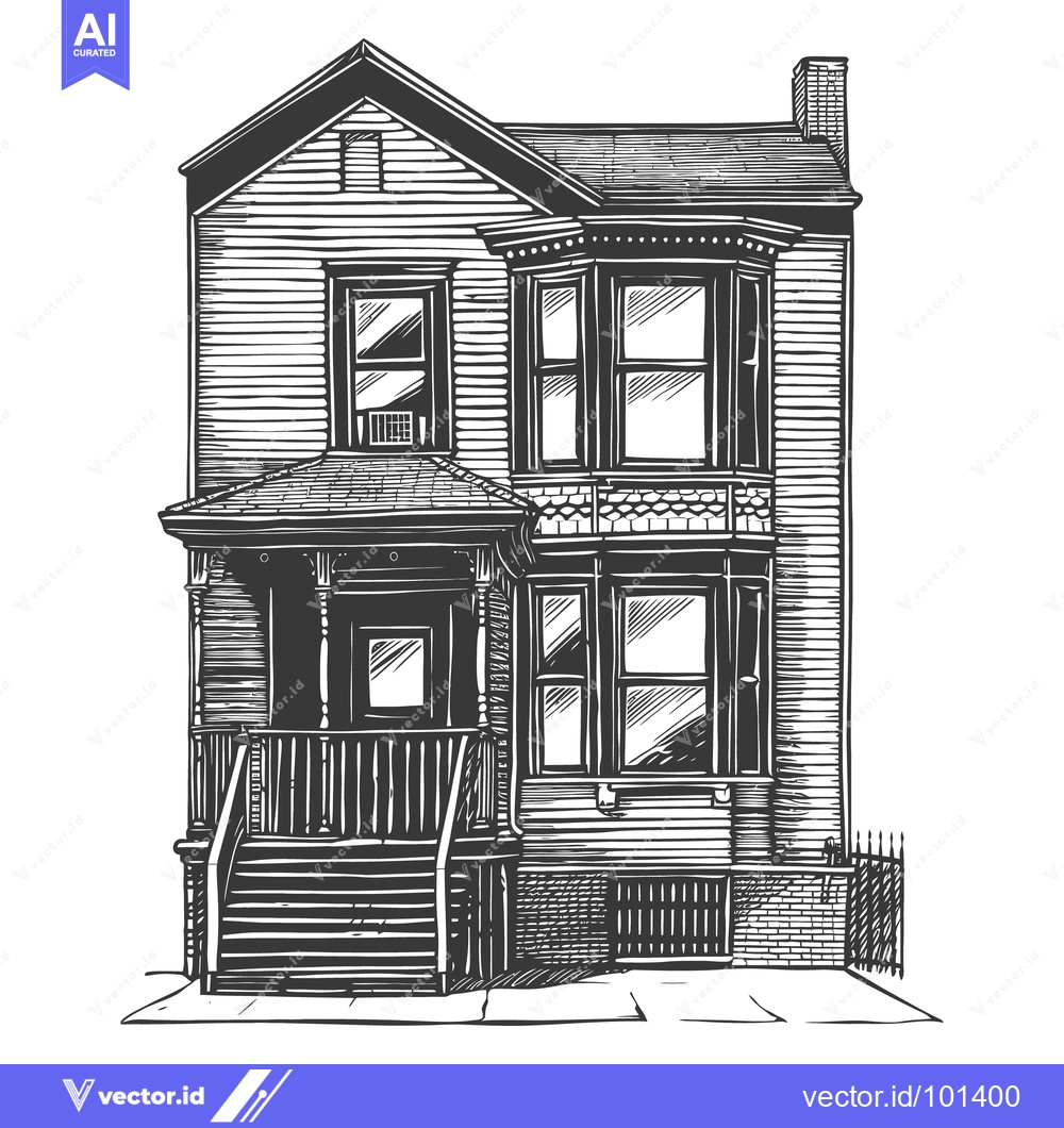 Premium Vector of A detailed black and white illustration of a classic two story home