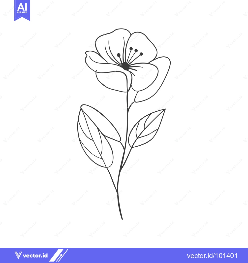 Premium Vector of Single Flower with Two Leaves in Line Art Style