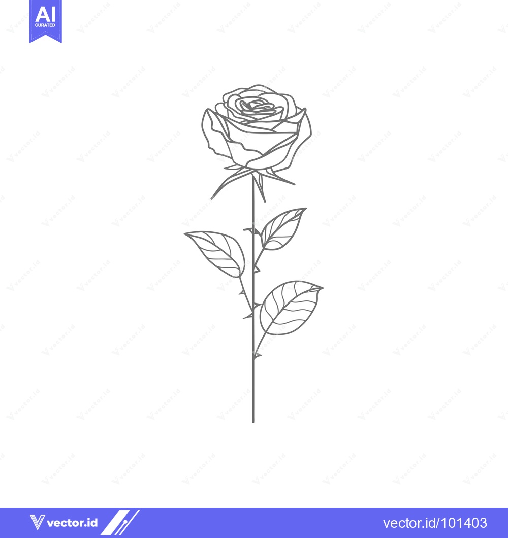Premium Vector of Single Gray Line Drawing of a Rose with Leaves and Thorns