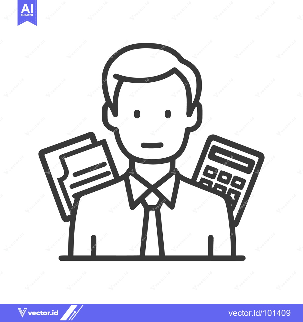 Premium Vector of Symmetrical Line Art Icon of an Accountant with Calculator and Paperwo