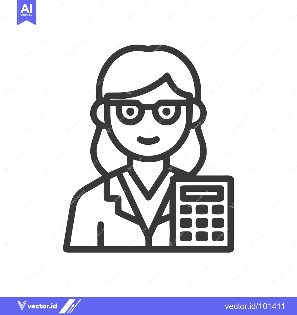 Premium Vector of Smiling Woman with Glasses and Calculator, Professional Line Art Icon