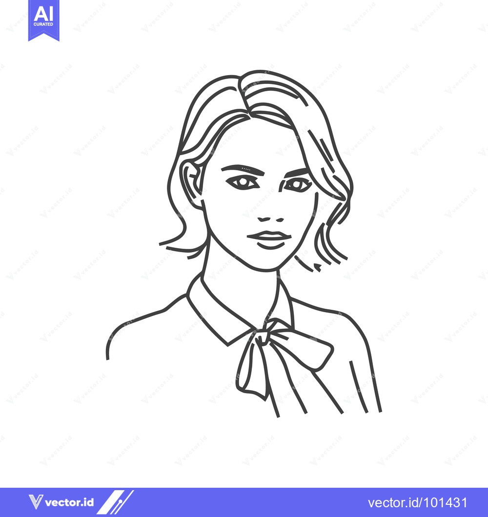 Premium Vector of Minimalist Line Art Portrait of a Poised Woman with a Wavy Bob and Pus