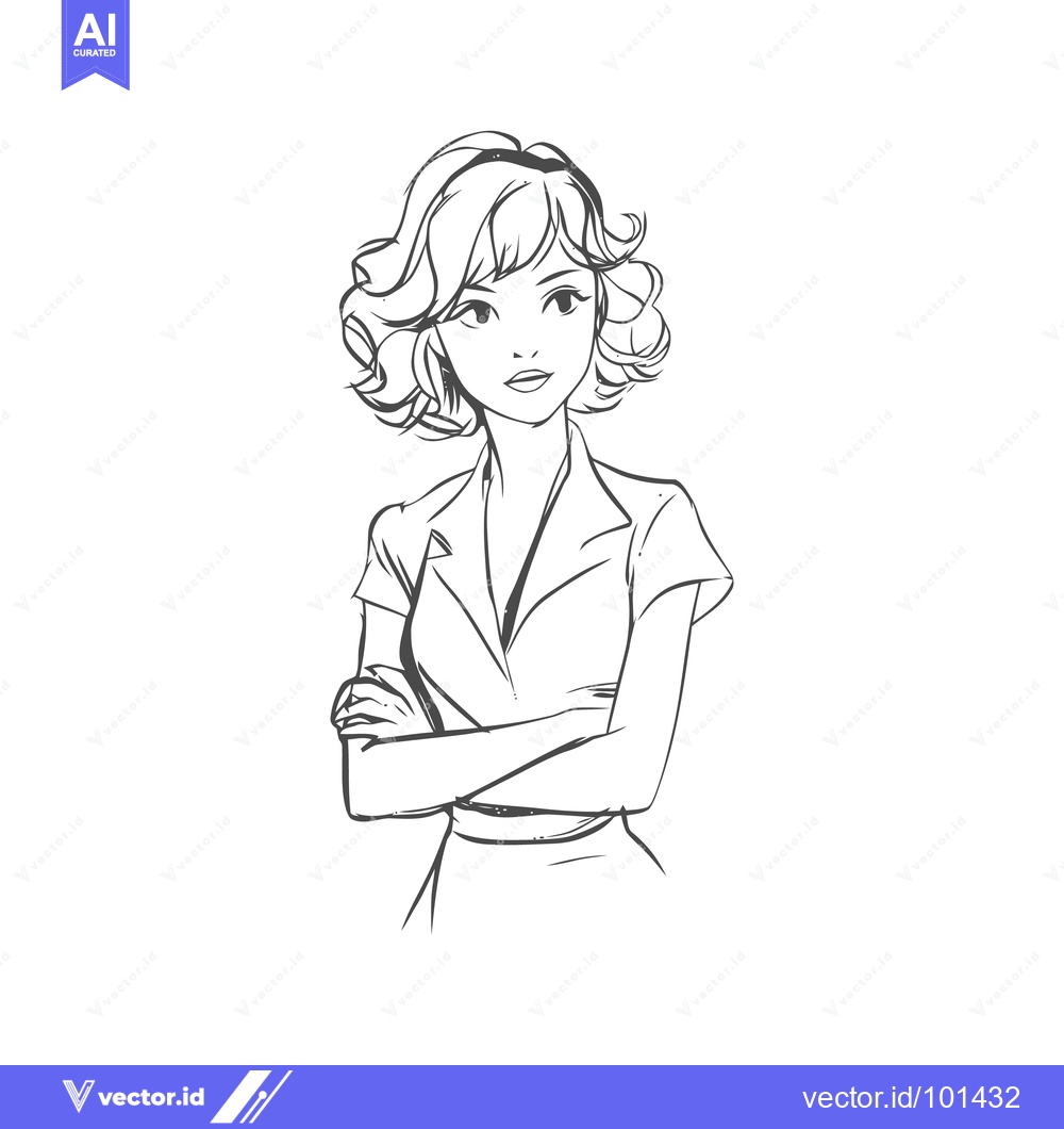 Premium Vector dari Confident Woman with Wavy Hair and Crossed Arms, Expressive Line Art P